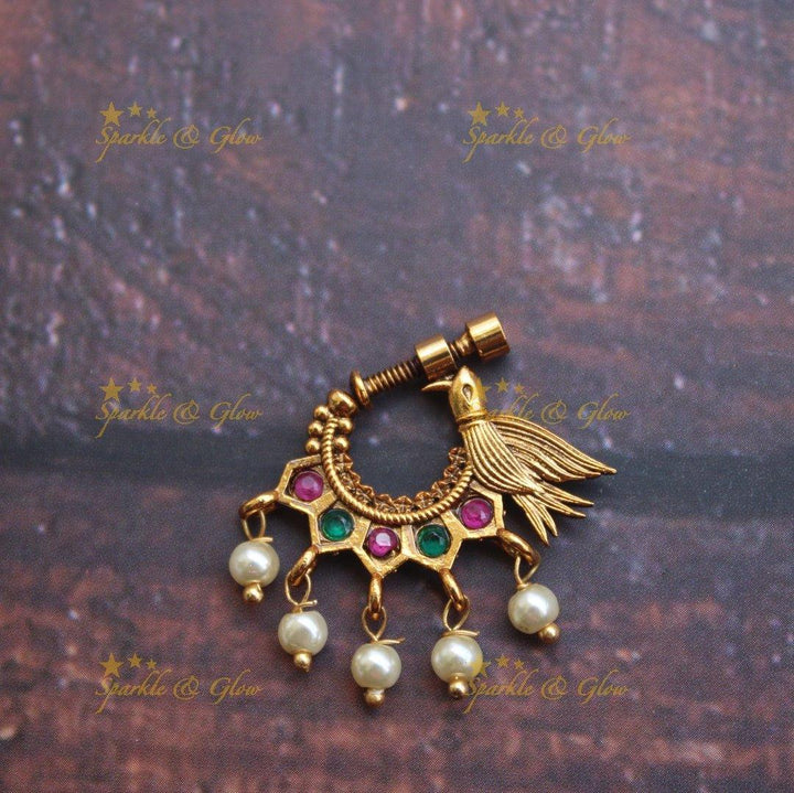Gold alike antique polished peacock nose pin - multi - Sparkle and Glow