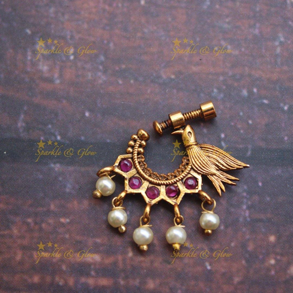 Gold alike antique polished peacock nose pin - multi - Sparkle and Glow