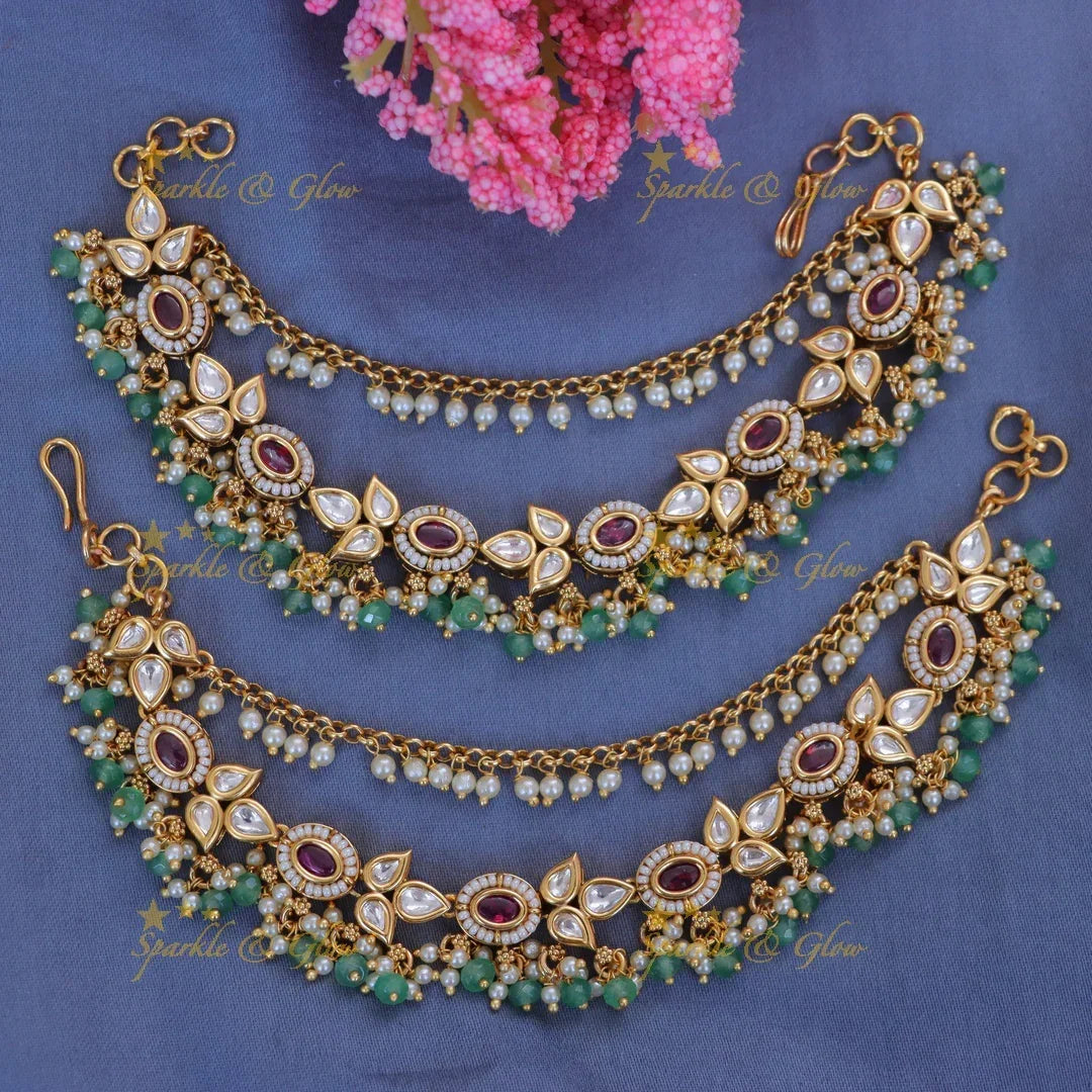Exquisite Pearl & Leaf Gold Earchain for Weddings