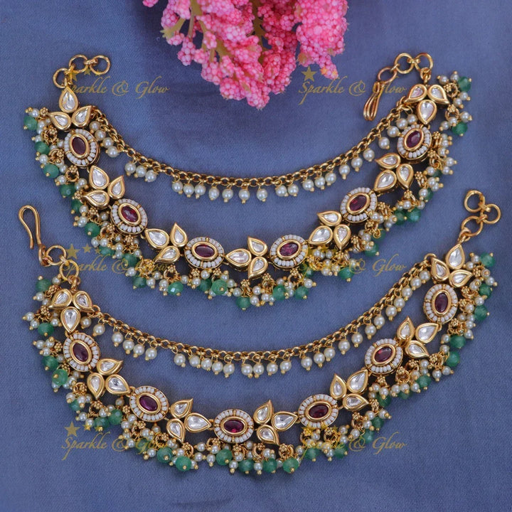 Exquisite Pearl & Leaf Gold Earchain for Weddings