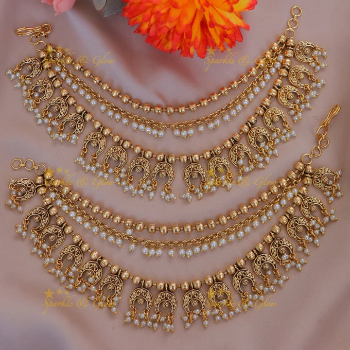 Exquisite Gold Bead & Pearl Earchains for Festive Glam