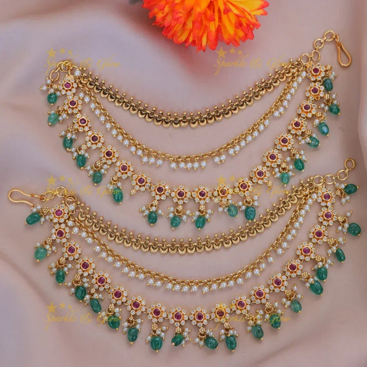 Exquisite Gold alike Earchain with Pearls for Festive Celebrations