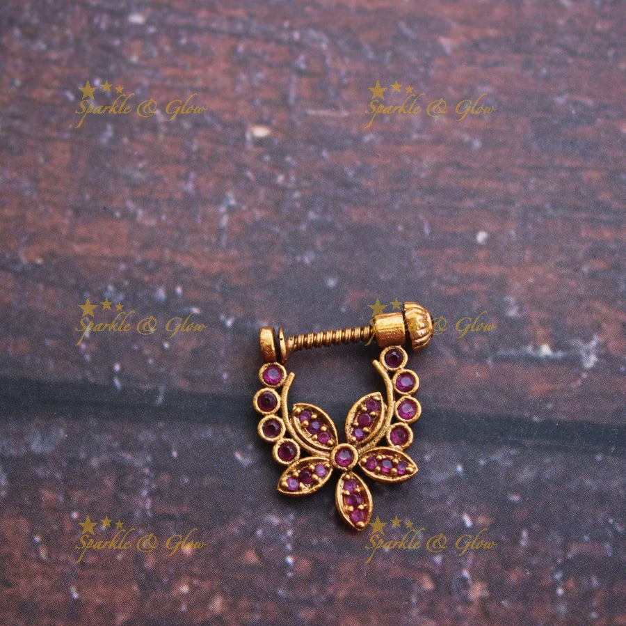 Gold alike antique flower design nose pin - Sparkle and Glow