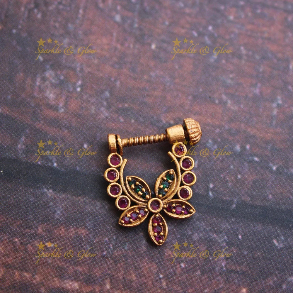 Gold alike antique flower design nose pin - Sparkle and Glow