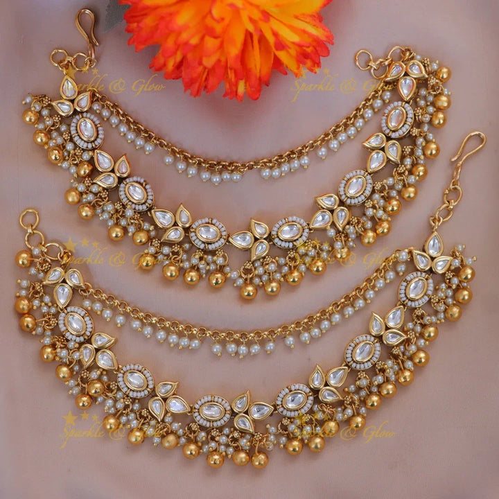 Exquisite Pearl & Leaf Gold Earchain for Weddings
