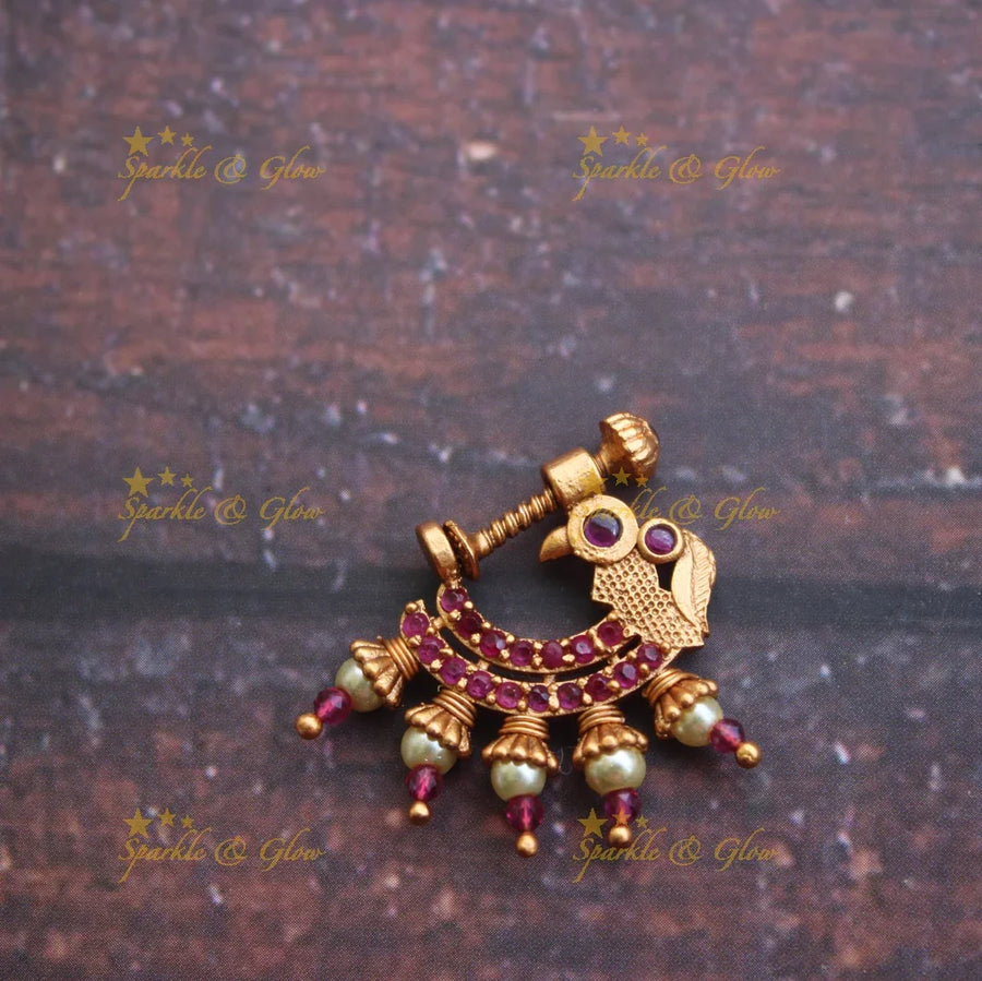 Gold alike antique polished peacock nose pin - Pink - Sparkle and Glow