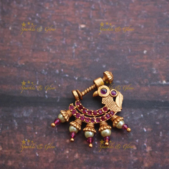 Gold alike antique polished peacock nose pin - Pink - Sparkle and Glow
