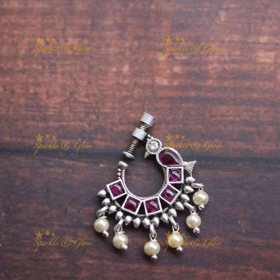 Matte silver peacock nose pin - Pink - Sparkle and Glow