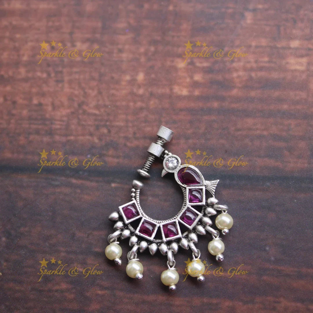 Matte silver peacock nose pin - Pink - Sparkle and Glow