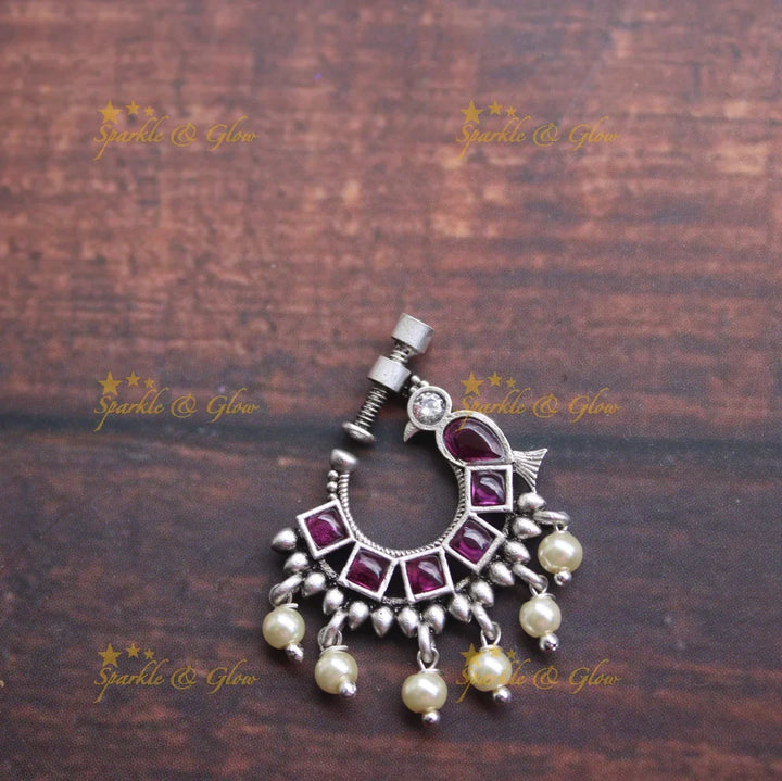 Matte silver peacock nose pin - Pink - Sparkle and Glow