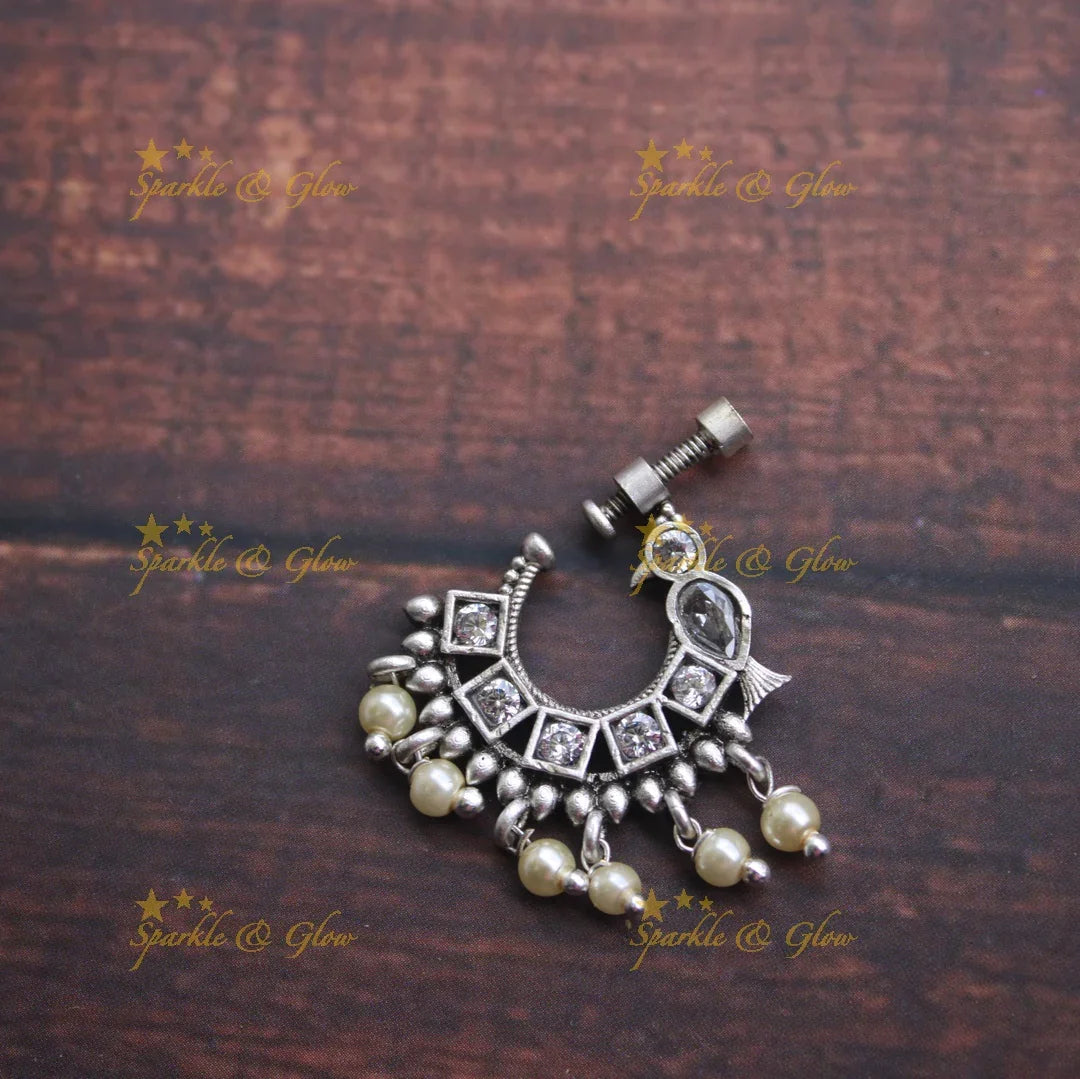Matte silver peacock nose pin - Pink - Sparkle and Glow