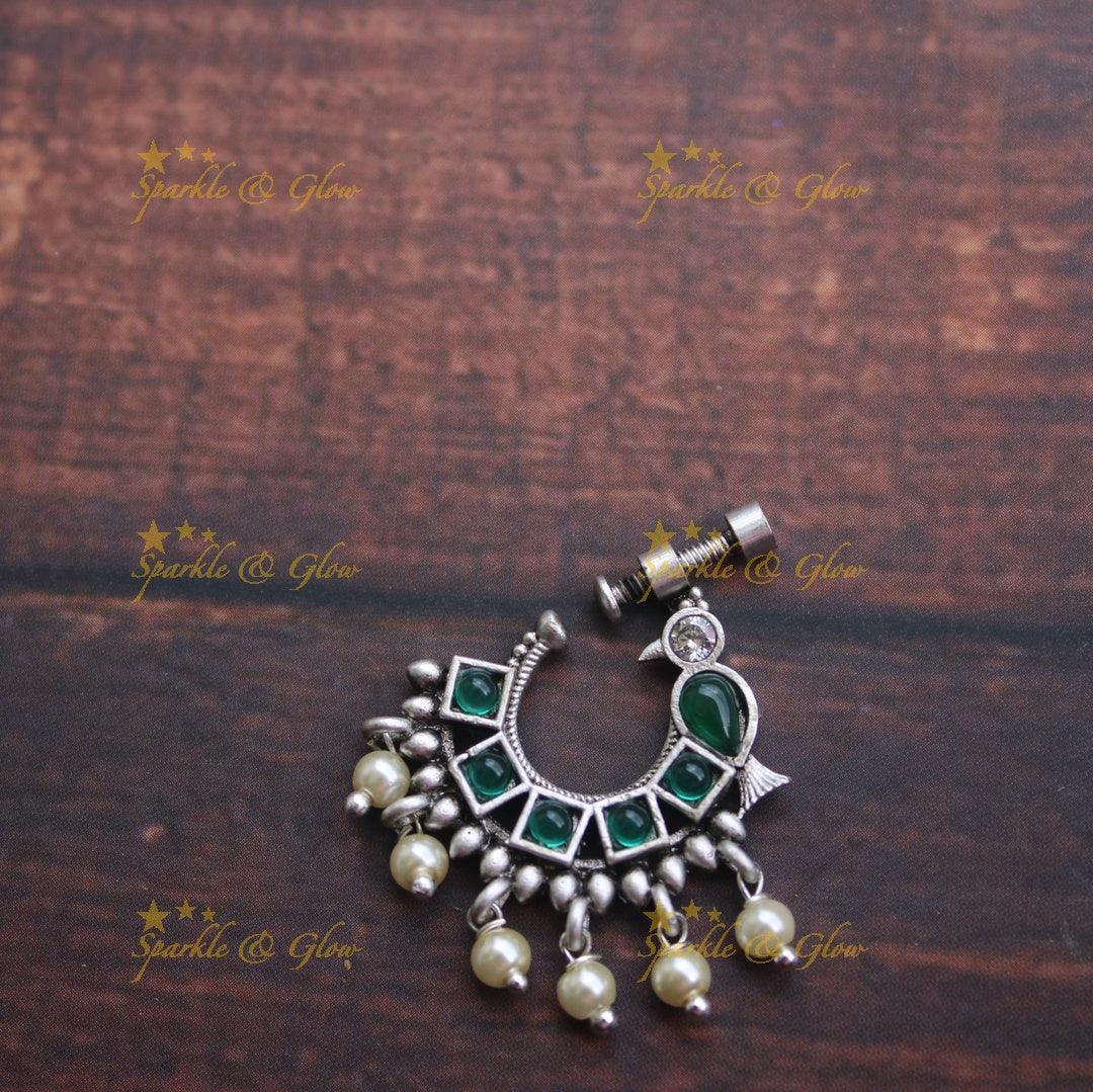 Matte silver peacock nose pin - Pink - Sparkle and Glow