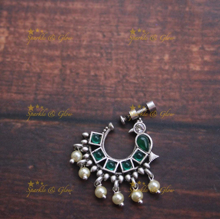 Matte silver peacock nose pin - Pink - Sparkle and Glow