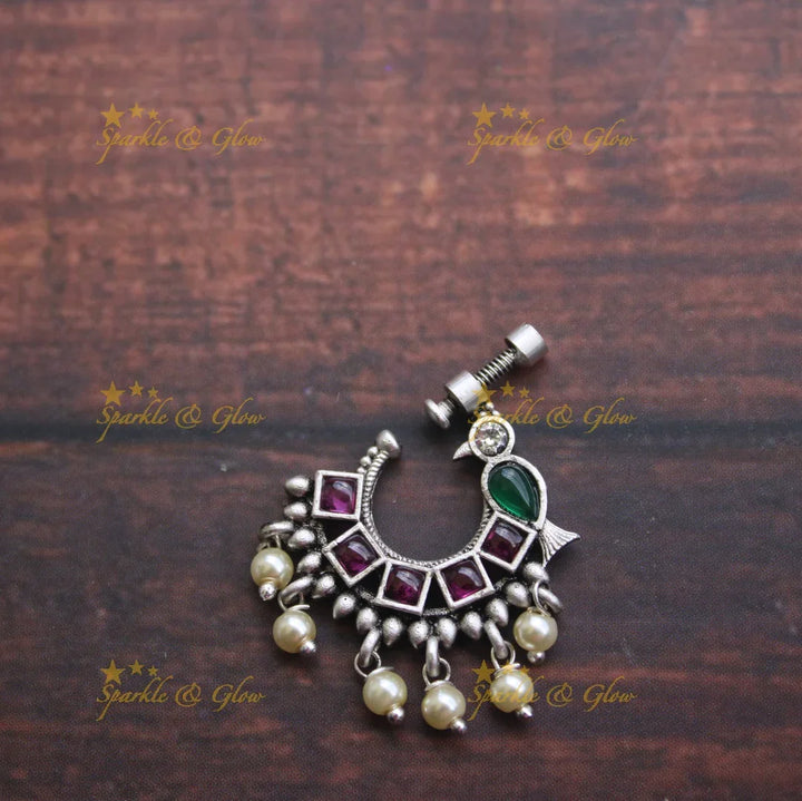 Matte silver peacock nose pin - Pink - Sparkle and Glow