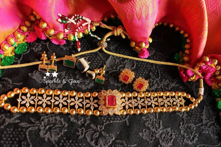 Interchangeable AD Stone High neck gold beads choker - Sparkle and Glow