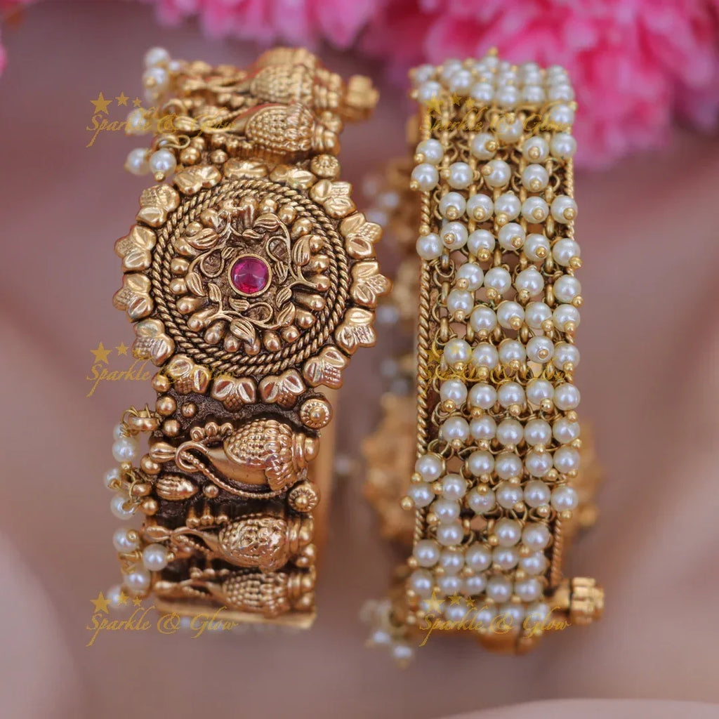 Temple Pearl Bridal Bangles - Premium Gold Finish Set