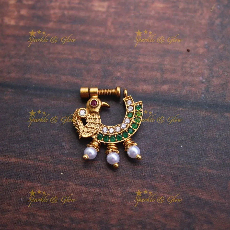 Gold alike antique polished peacock nose pin - Multi - Sparkle and Glow