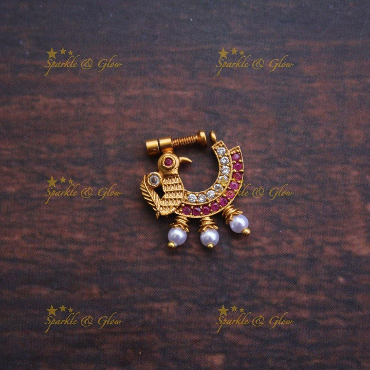 Gold alike antique polished peacock nose pin - Multi - Sparkle and Glow