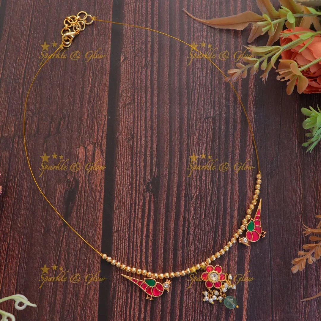Beautiful gold beads floral peacock invisible necklace