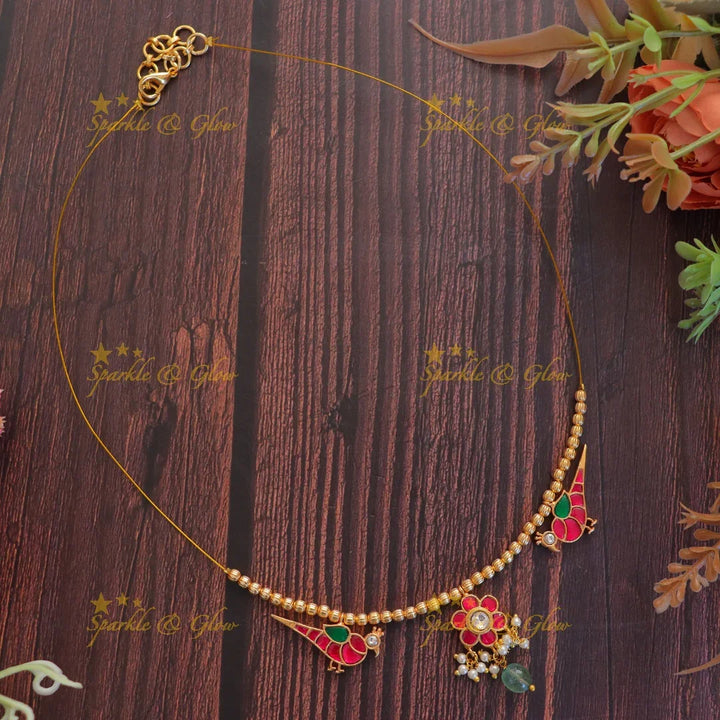 Beautiful gold beads floral peacock invisible necklace