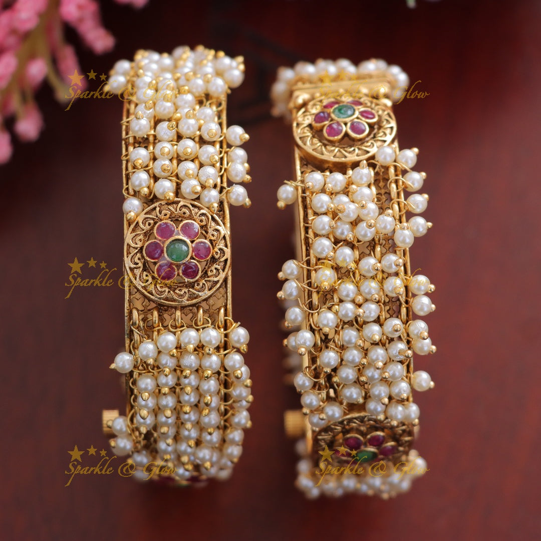 Exquisite Pearl Floral Gold Bangle for Celebrations