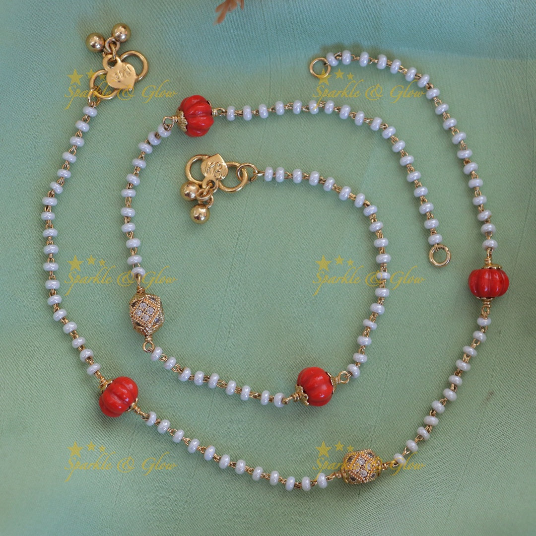 Radiant Pearl & Pumpkin Bead Anklet - Festive Elegance
