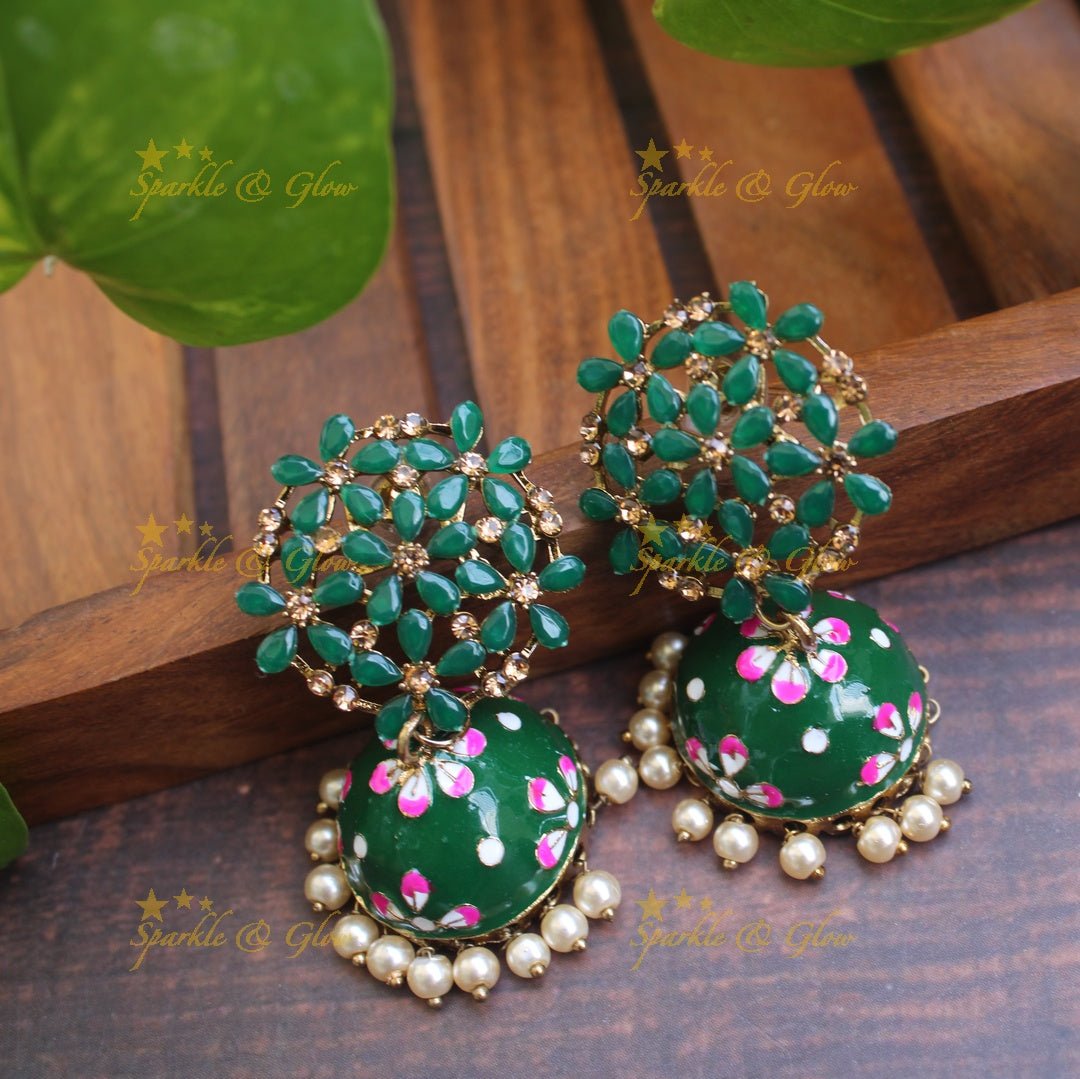 Meenakari stone floral jhumukas - Baby Pink - Sparkle and Glow - Forest Green - 