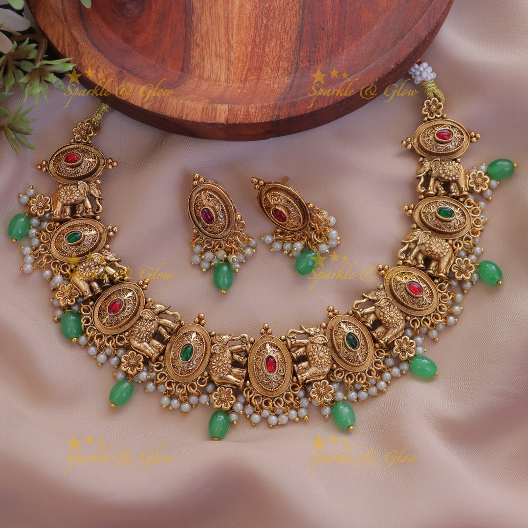 Elephant Pearl Necklace - Gold Finish, Indian Jewellery