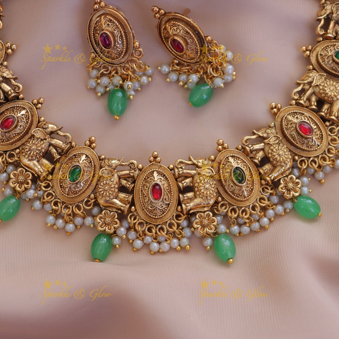 Elephant Pearl Necklace - Gold Finish, Indian Jewellery