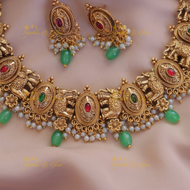 Elephant Pearl Necklace - Gold Finish, Indian Jewellery