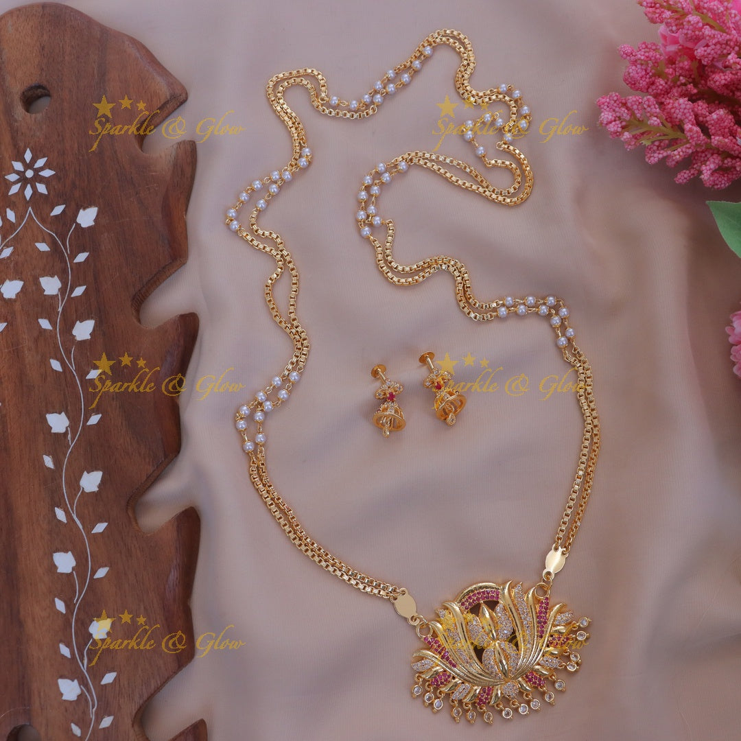 Exquisite Pearl Gold Alike Lotus Long Necklace Set