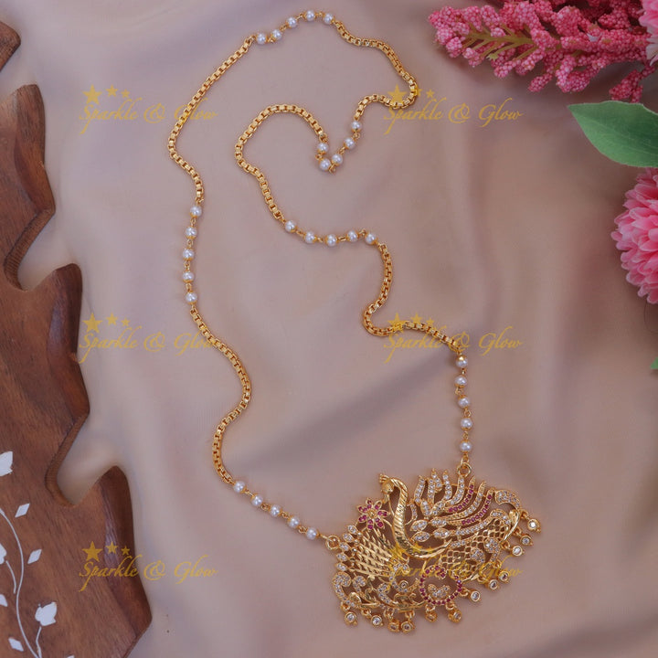 Exquisite Gold Peacock Necklace with Pearls