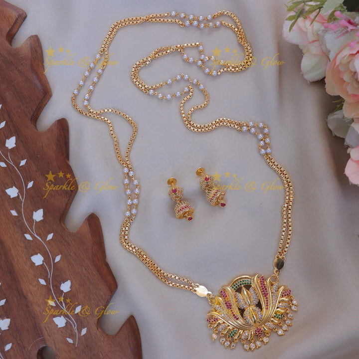 Pearl Gold Lotus Necklace Set - Festive Elegance