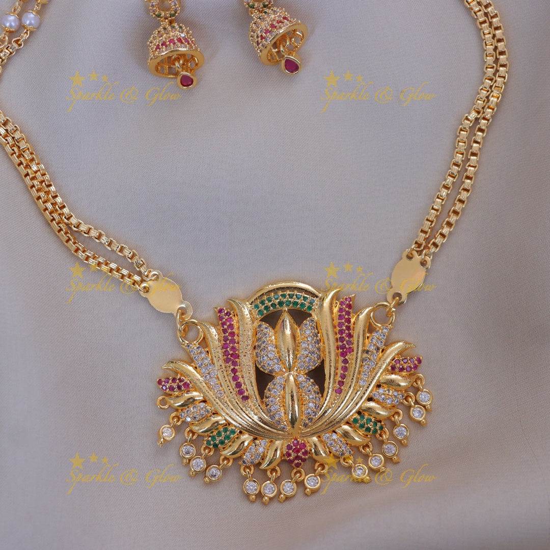 Pearl Gold Lotus Necklace Set - Festive Elegance