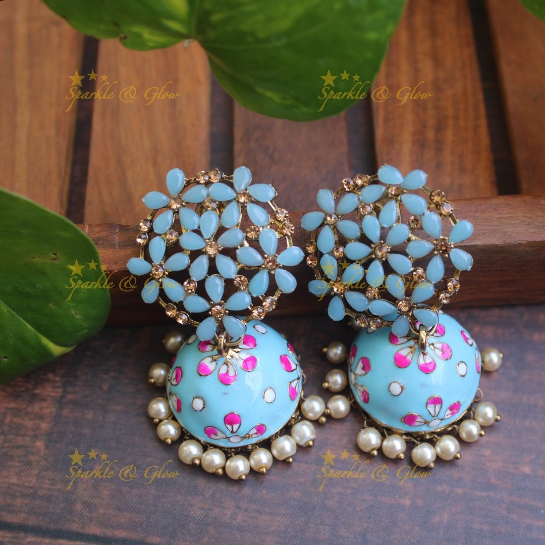 Meenakari stone floral jhumukas - Baby Pink - Sparkle and Glow - Sky Blue1 - 