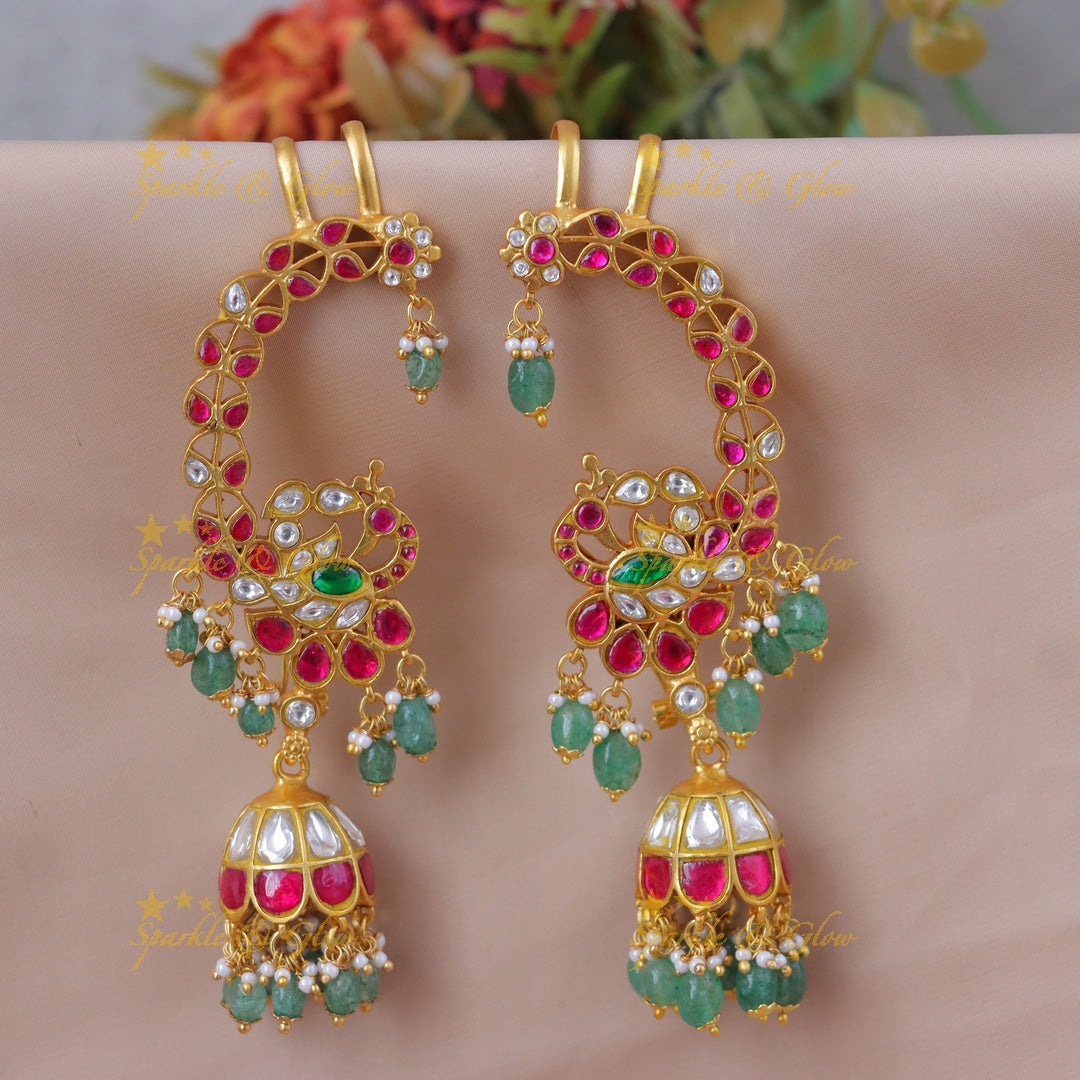Exquisite Peacock Earrings with Green Beads & Gold