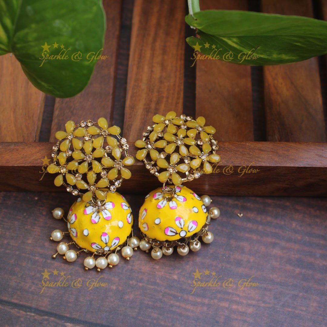 Meenakari stone floral jhumukas - Baby Pink - Sparkle and Glow - Yellow - 