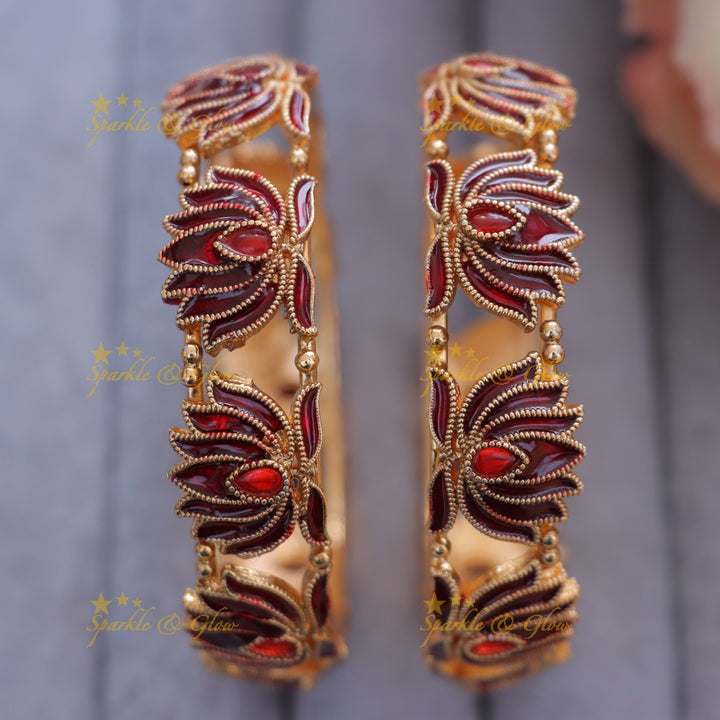 Exquisite Timeless Maroon Lotus Bangles - Festive Elegance