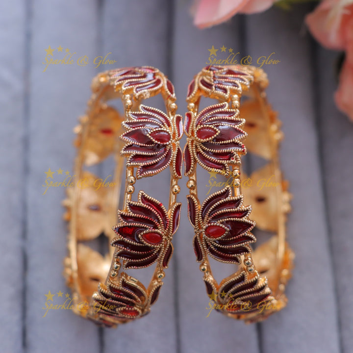 Exquisite Timeless Maroon Lotus Bangles - Festive Elegance
