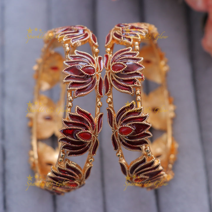 Exquisite Timeless Maroon Lotus Bangles - Festive Elegance
