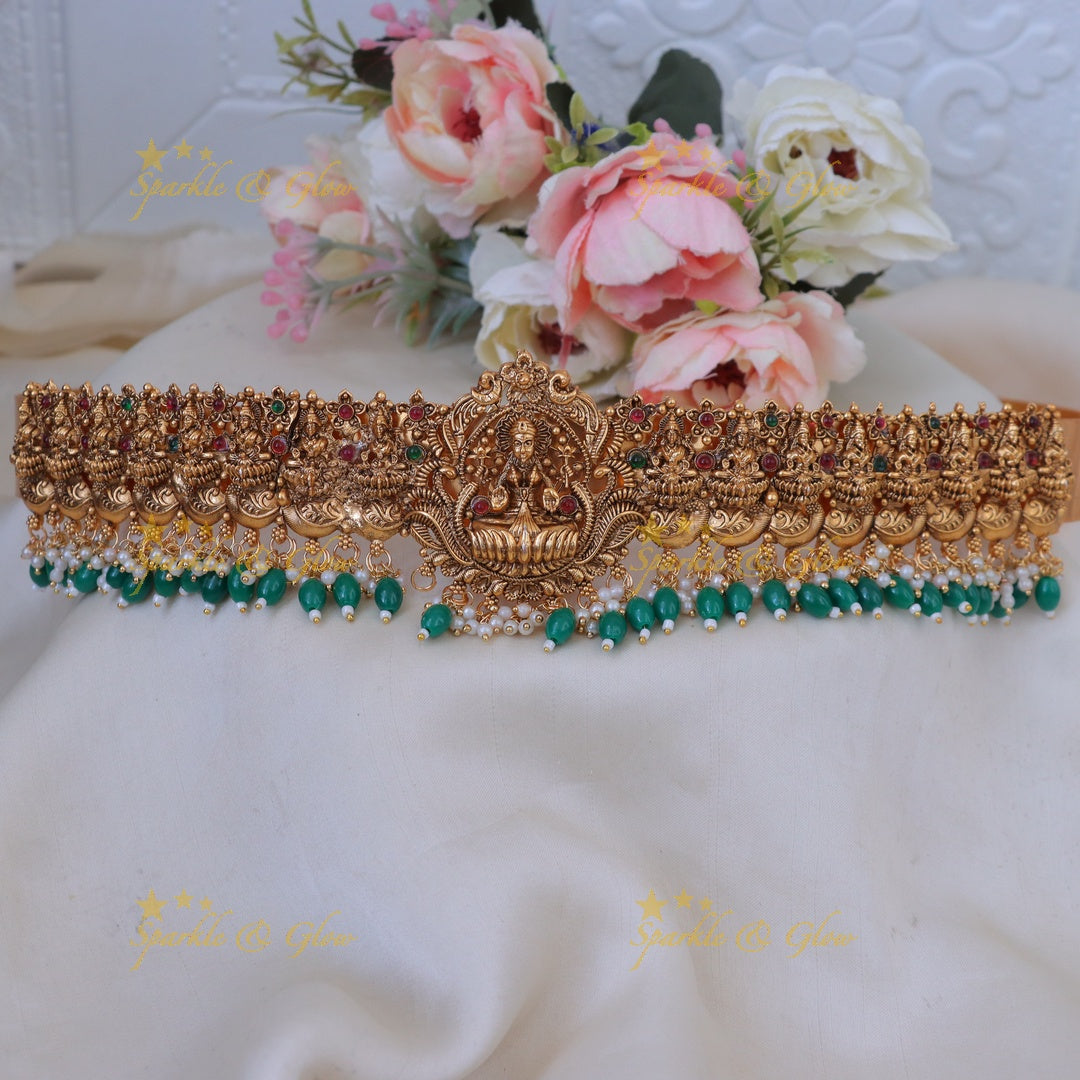 Exquisite Lakshmi Temple Hip Belt with Green Beads