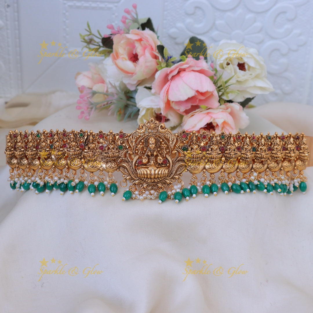 Exquisite Lakshmi Temple Hip Belt with Green Beads