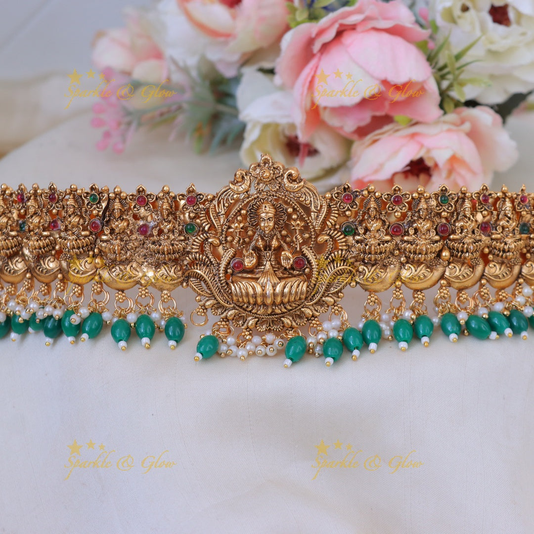 Exquisite Lakshmi Temple Hip Belt with Green Beads