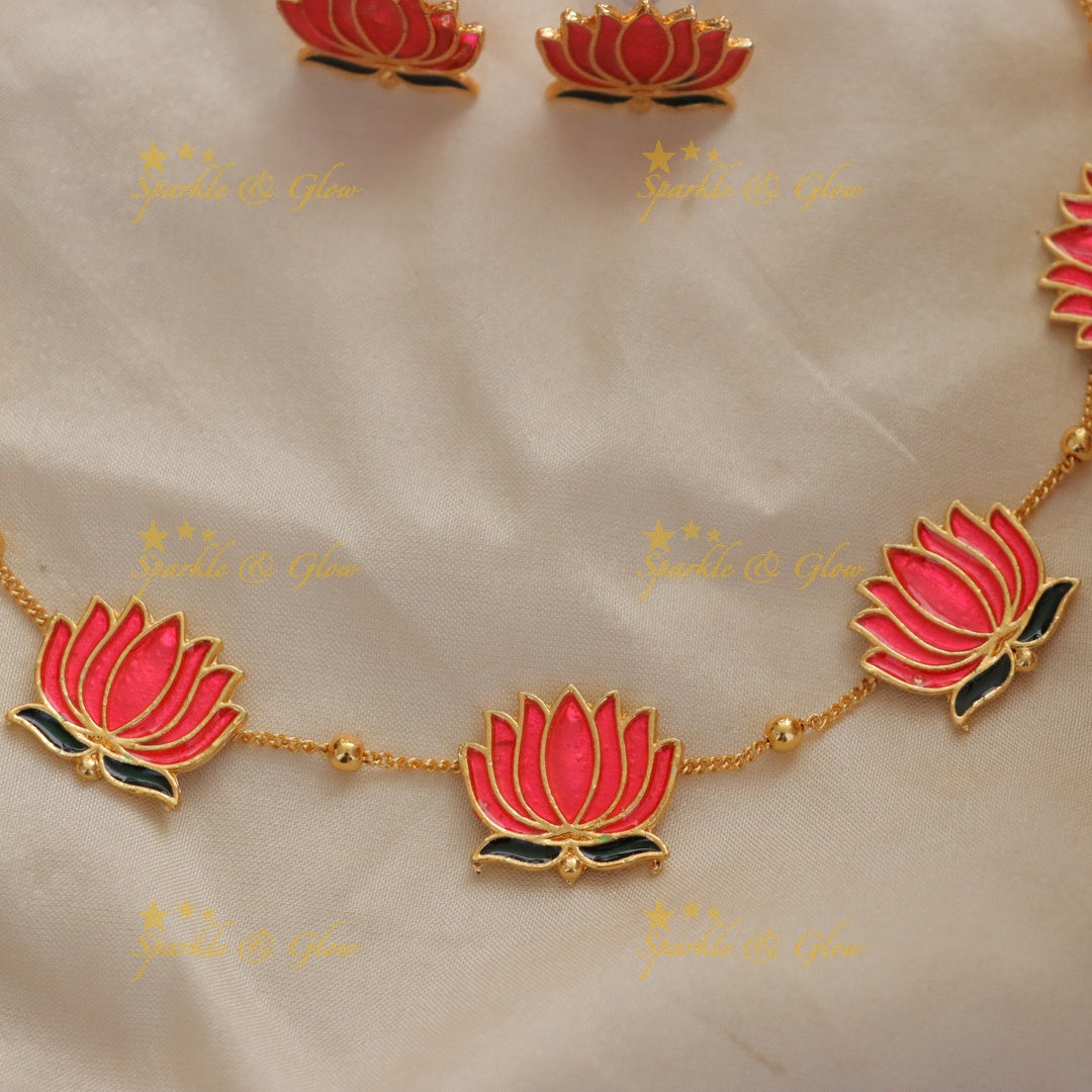 Exquisite Lotus Gold Necklace & Earring Set - Premium
