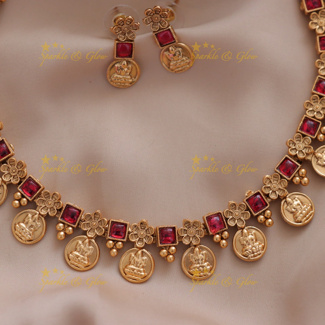 Exquisite Lakshmi Temple Necklace in Rich Gold Tone