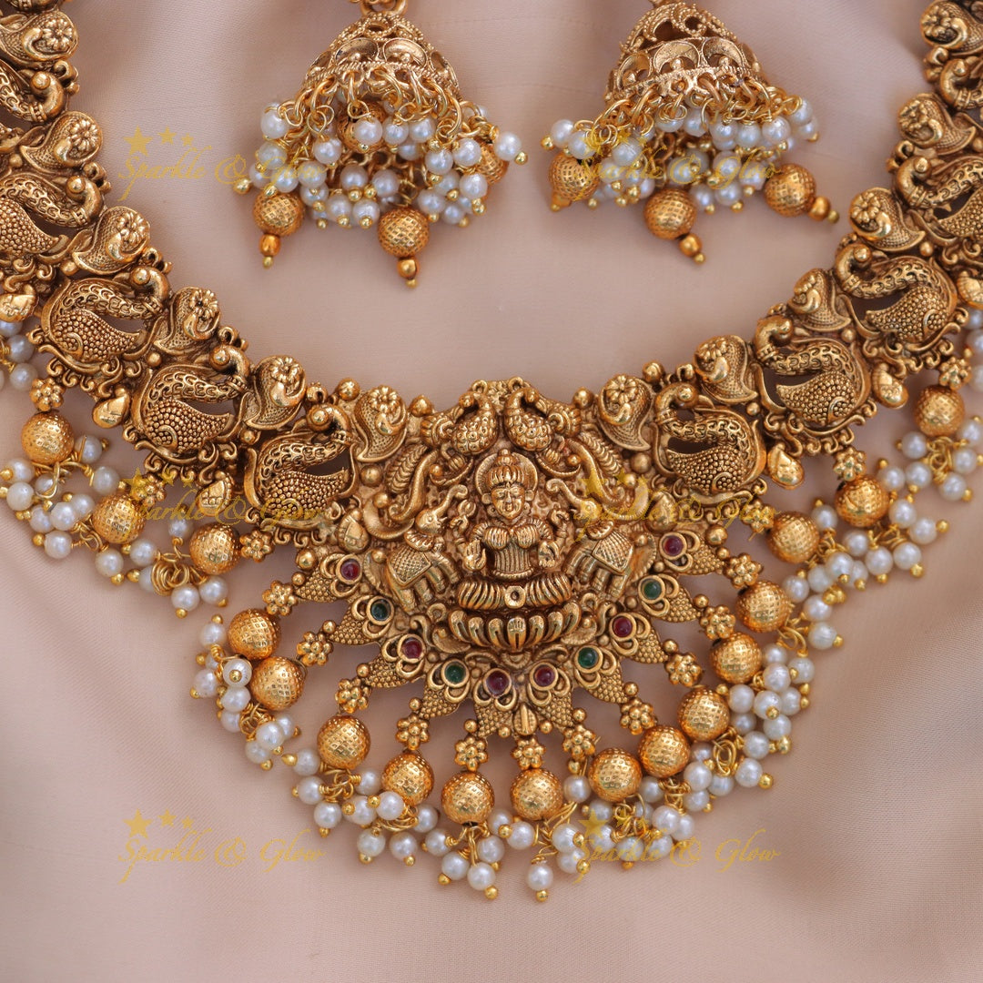 Exquisite Temple Necklace Set with Peacock Design