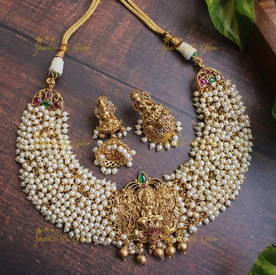 Gold alike Gold beads Cluster Lakshmi short or choker necklace - Multi - Sparkle and Glow