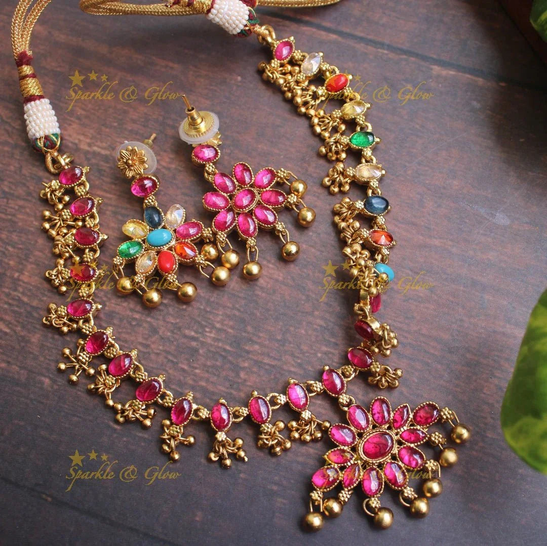 Two in one Kemp Adigai - Kemp - Nvarathna - Gold beads - Sparkle and Glow