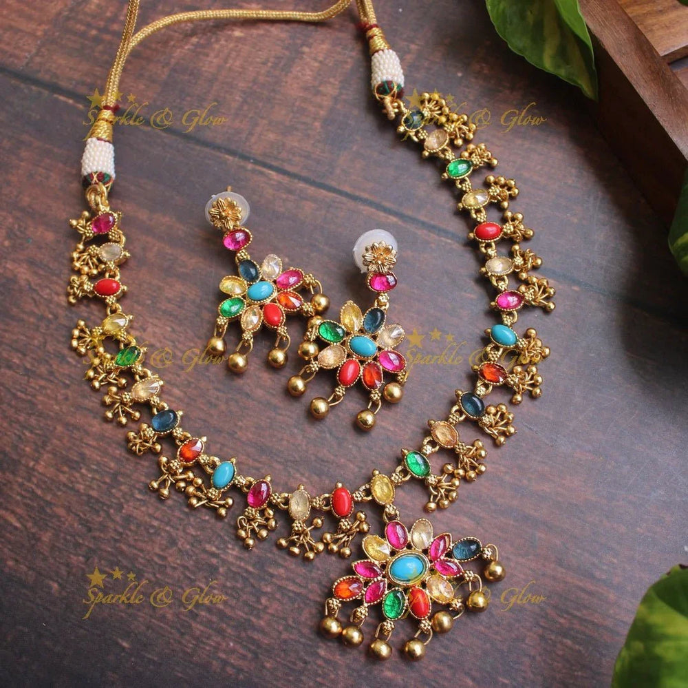 Two in one Kemp Adigai - Kemp - Nvarathna - Gold beads - Sparkle and Glow