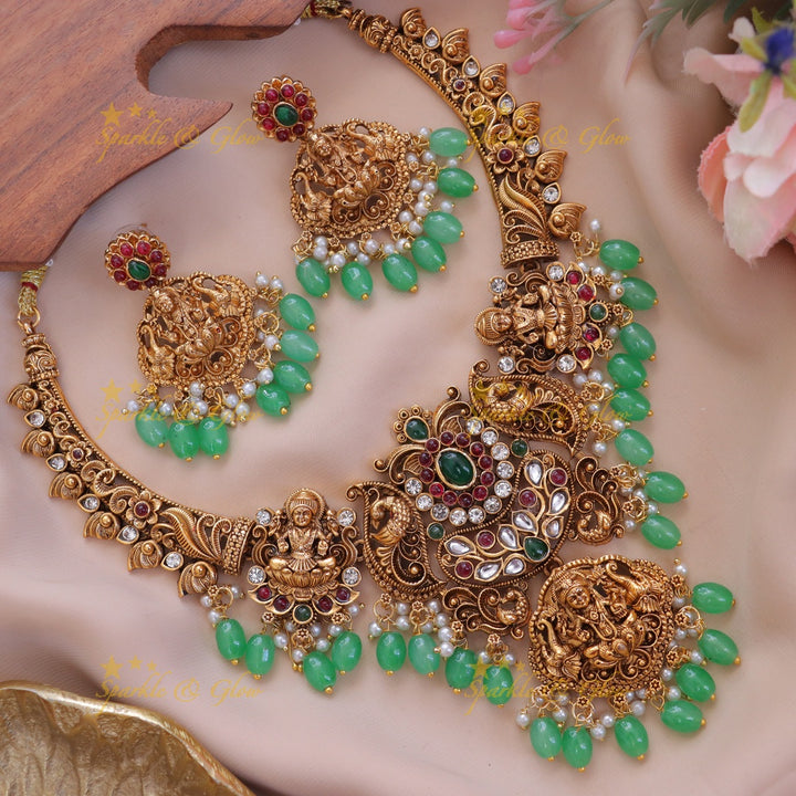 Exquisite Lakshmi Peacock Necklace with Green Beads